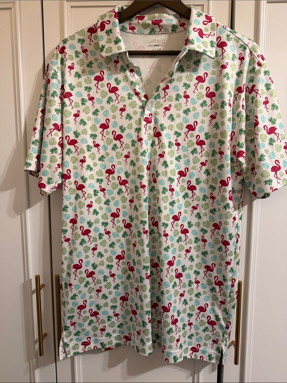 BCG White Short-Sleeve Polo with Pink Flamingo Print